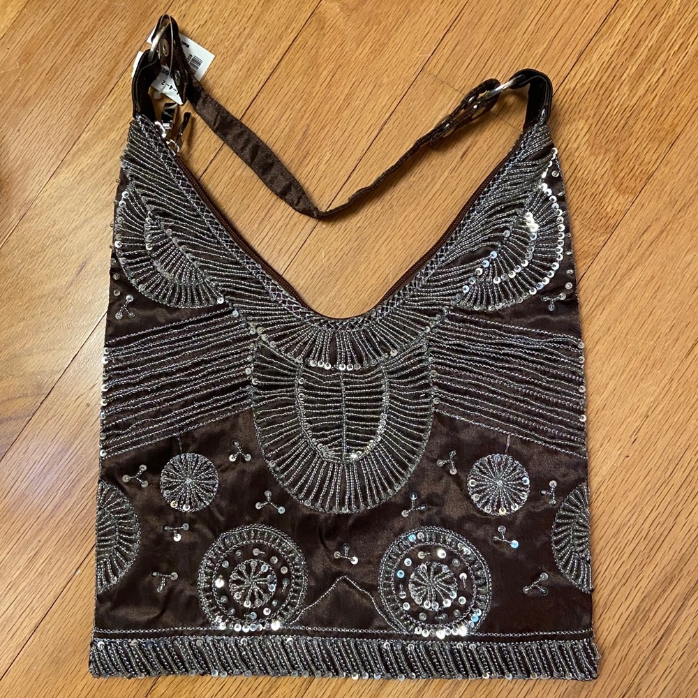 brown purse with silver beads
